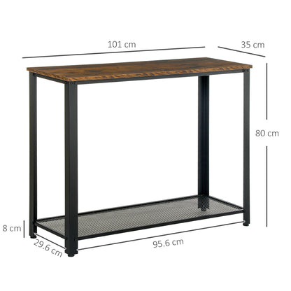 Sovi 101cm Metal And Wooden Rustic Brown Industrial Console Table With Lower Mesh Shelf
