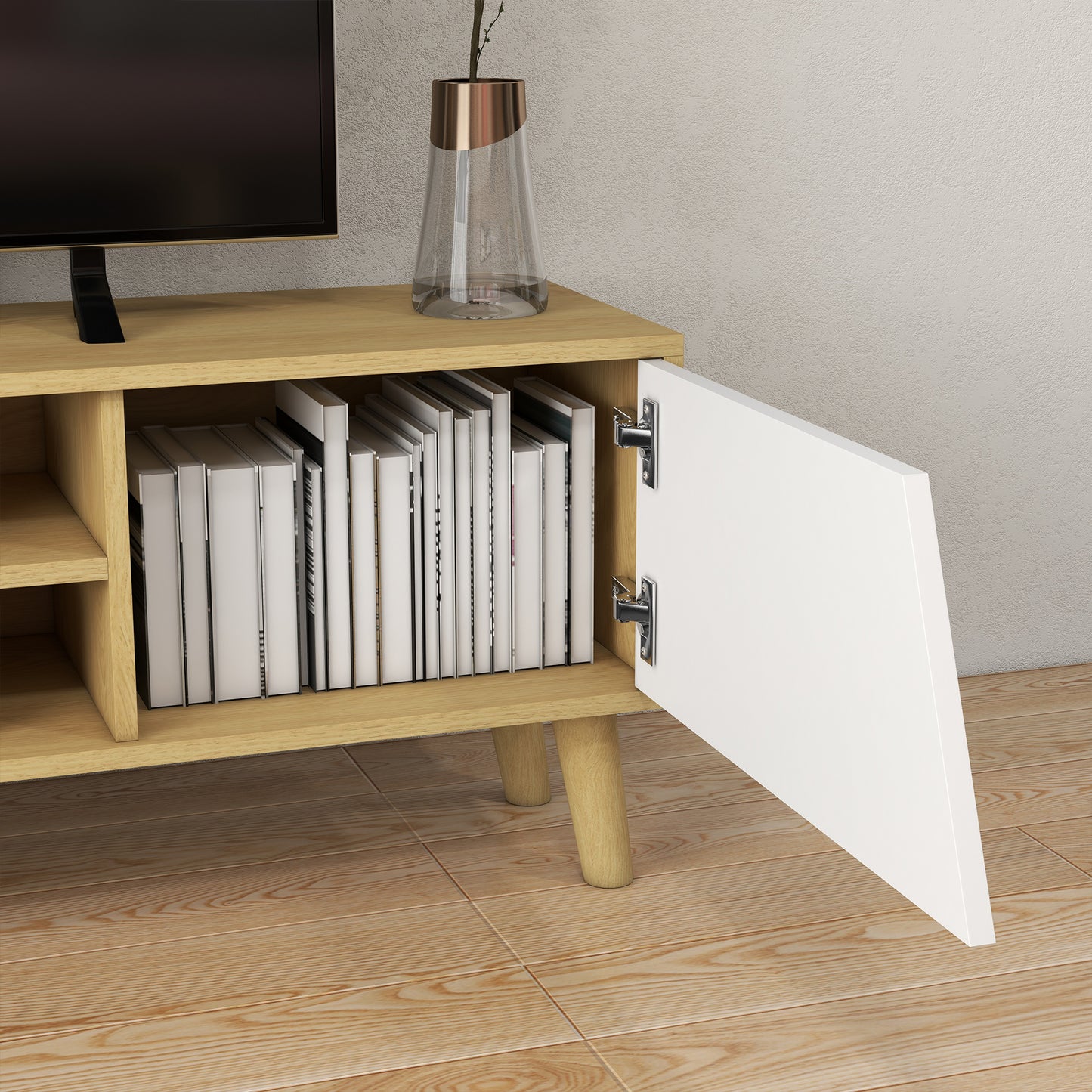 Katoha Sadi Wooden White And Wood Effect Scandinavian Style TV Console With Storage
