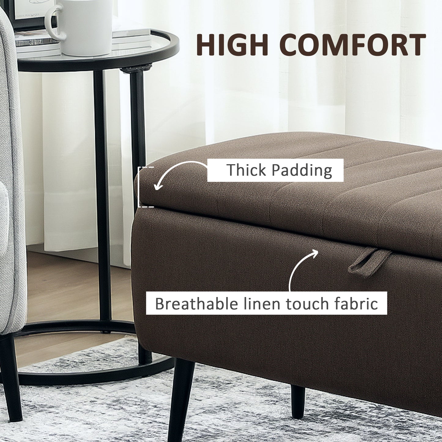 Mahano Linen Look Dark Brown Rectangle Storage Ottoman