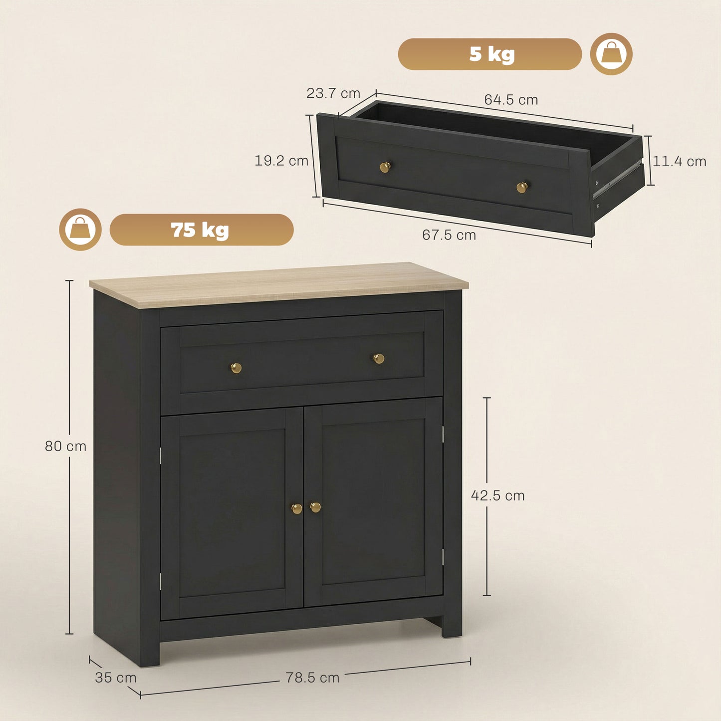 Elrere Wooden Black Modern Sideboard With Drawers Adjustable Shelves And Double Doors