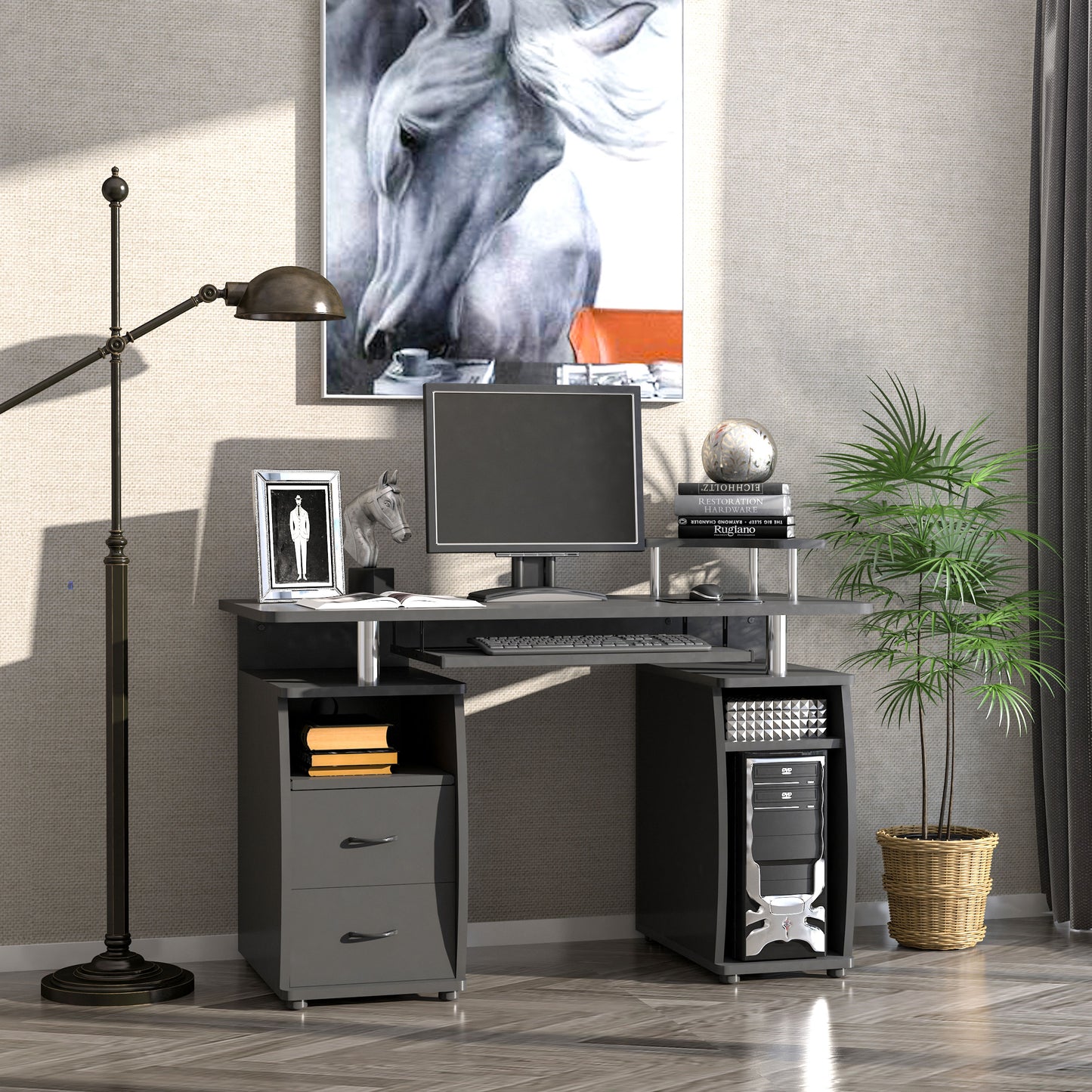 Domofi 120cm Wooden Black Computer Desk With Sliding Keyboard Tray Shelves And Drawers