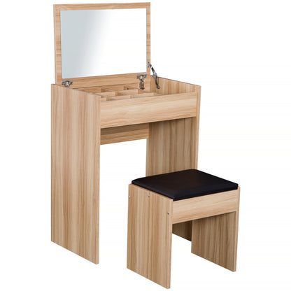 Nolena Natural Wood Vanity Desk With Flip Mirror Cushioned Stool And Storage