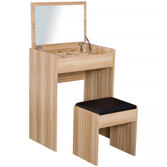 Nolena Natural Wood Vanity Desk With Flip Mirror Cushioned Stool And Storage