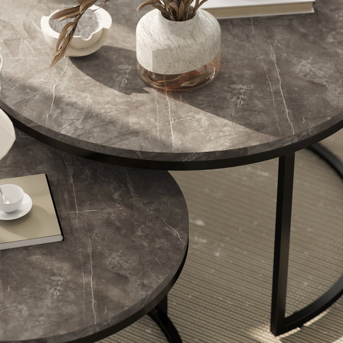 Reniso Set Of 2 Metal And Wood Marble Effect Industrial Round Nesting Coffee Tables