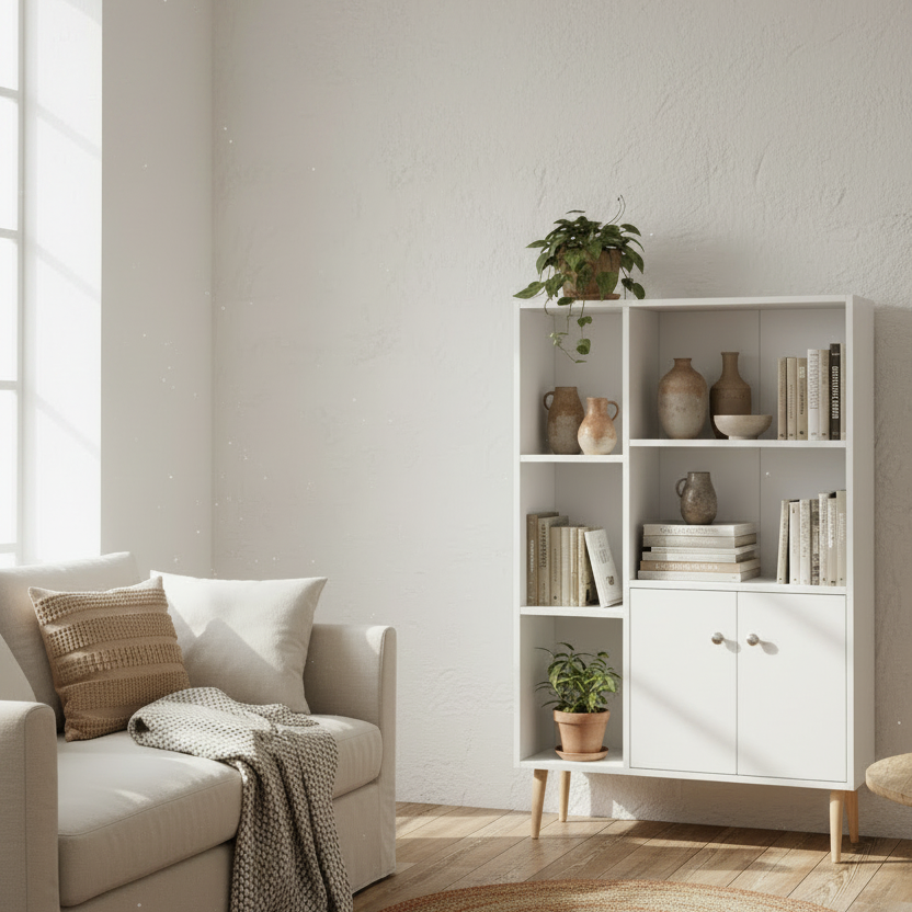 Toralesa Wood White Sideboard Bookcase With 2 Doors And 5 Storage Compartments