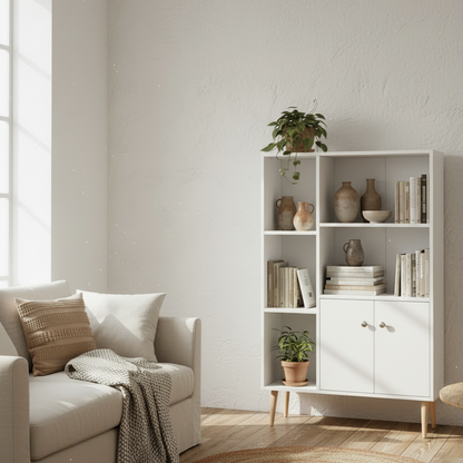 Toralesa Wood White Sideboard Bookcase With 2 Doors And 5 Storage Compartments