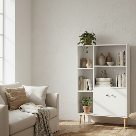 Toralesa Wood White Sideboard Bookcase With 2 Doors And 5 Storage Compartments