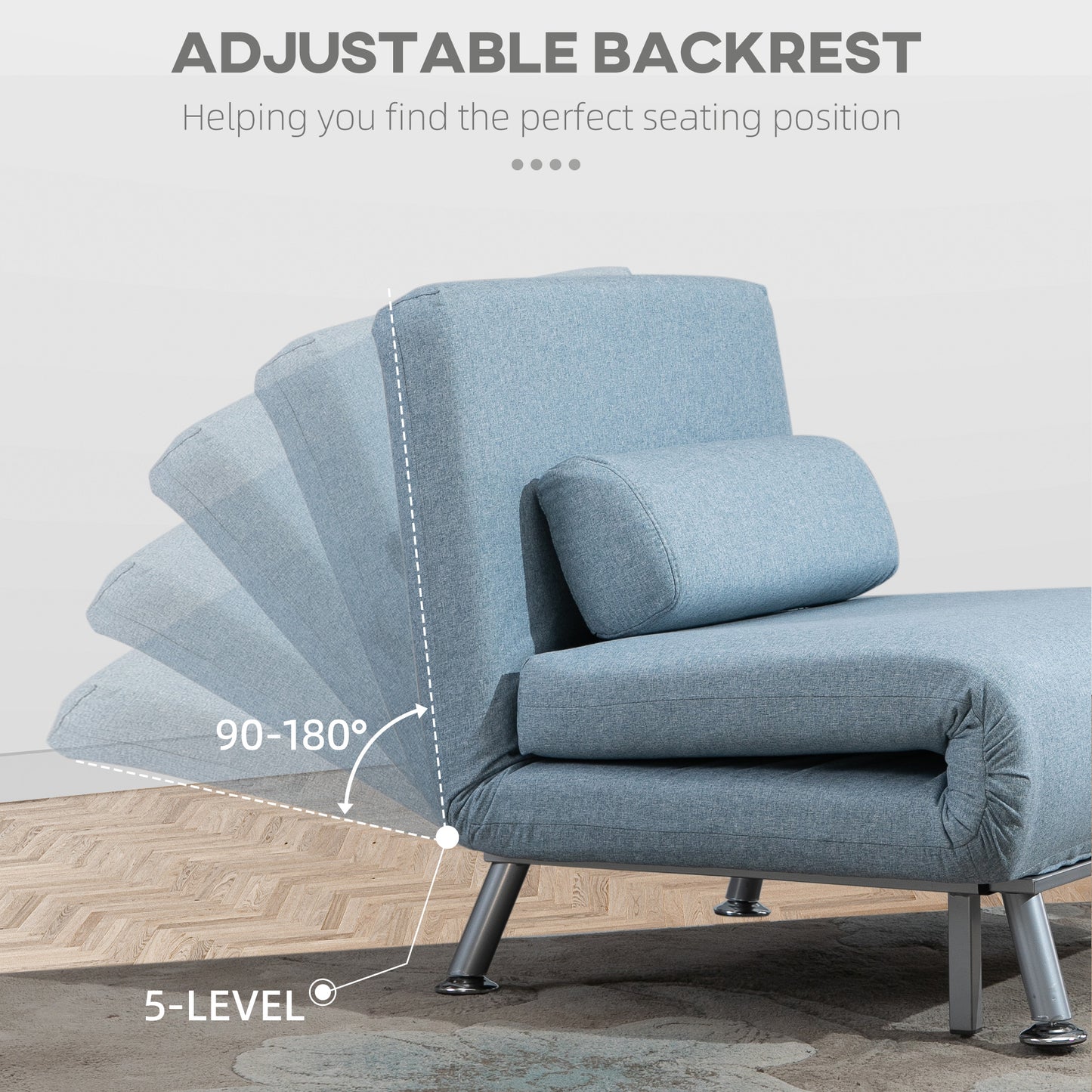 Varael Linen Sky Blue 3 In One Convertible Chair Bed With Adjustable Backrest And Pillow
