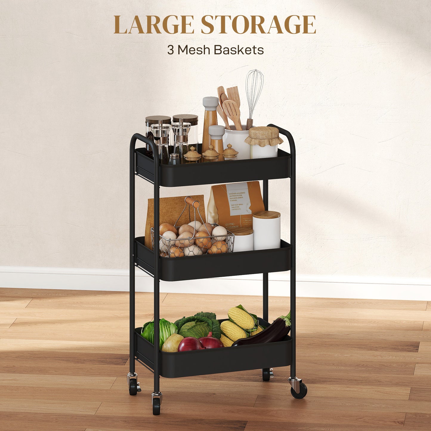 Varafi Metal Black 3 Tier Steel Storage Trolley With Wheels