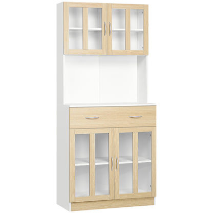 Vefaso Wooden White Tall Kitchen Hutch With Central Drawer Glass Door Cabinets And Countertop 180 cm