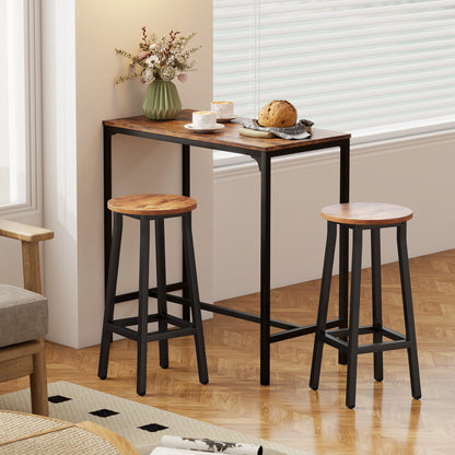 Rema Set Of 2 Rustic Brown Industrial Round Bar Stools With Footrest 65cm