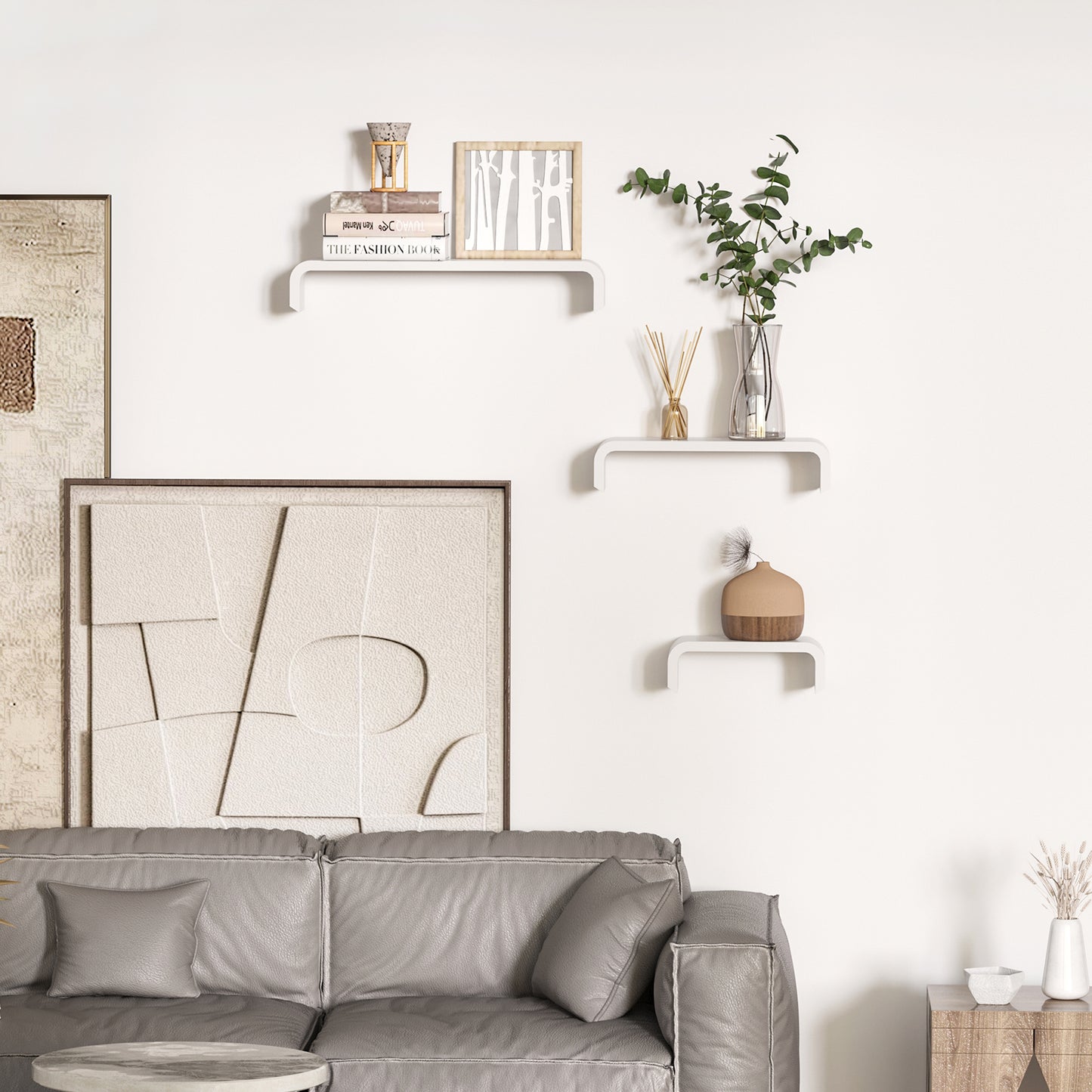Rasudi Wood White Set Of 3 Floating Wall Shelves With Hidden Mounting