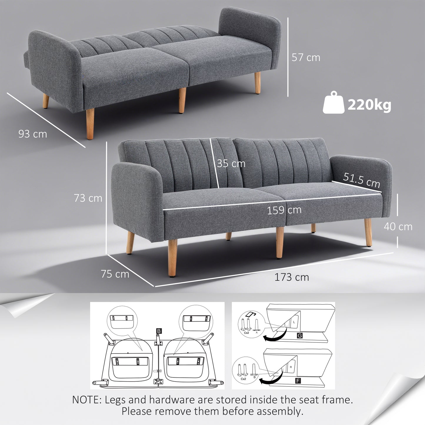 Nile Linen Grey 3 Seater Click Clack Sofa Bed With Adjustable Split Backrest
