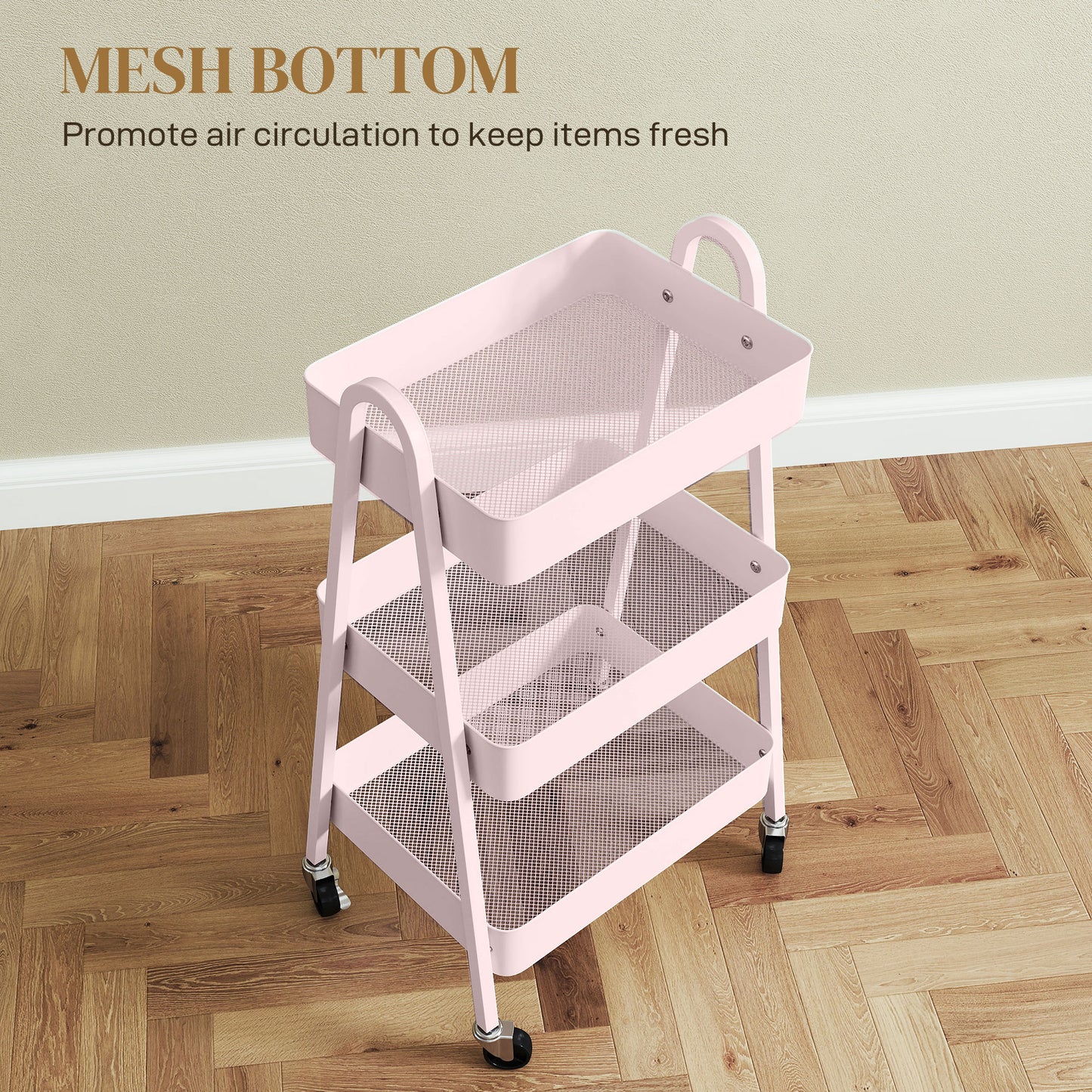 Subase Metal Pink 3 Tier Storage Trolley With Wheels