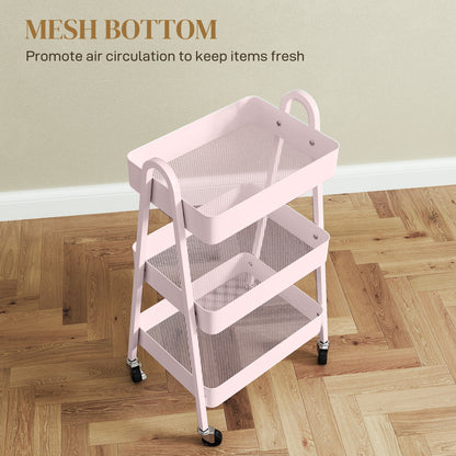 Subase Metal Pink 3 Tier Storage Trolley With Wheels