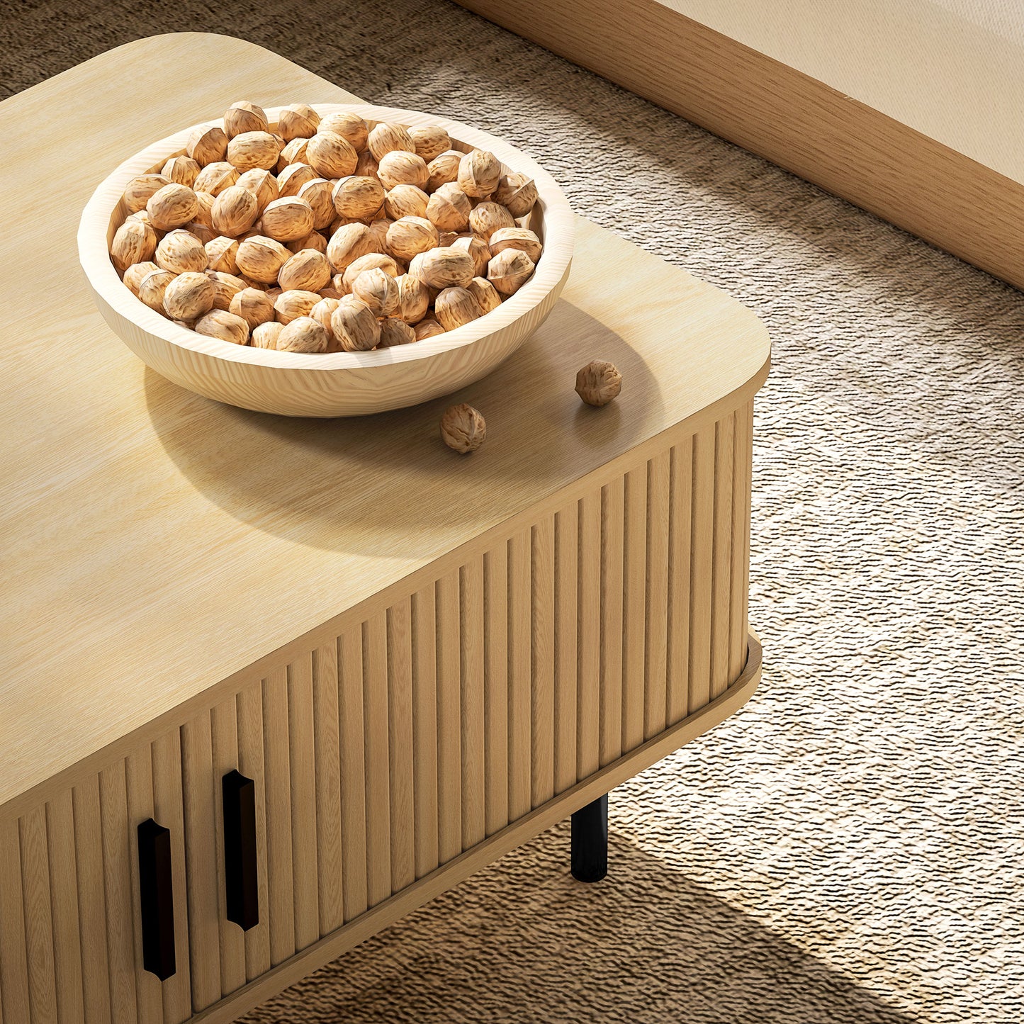 Lafi Wooden Oak Rectangular Coffee Table With Sliding Tambour Doors