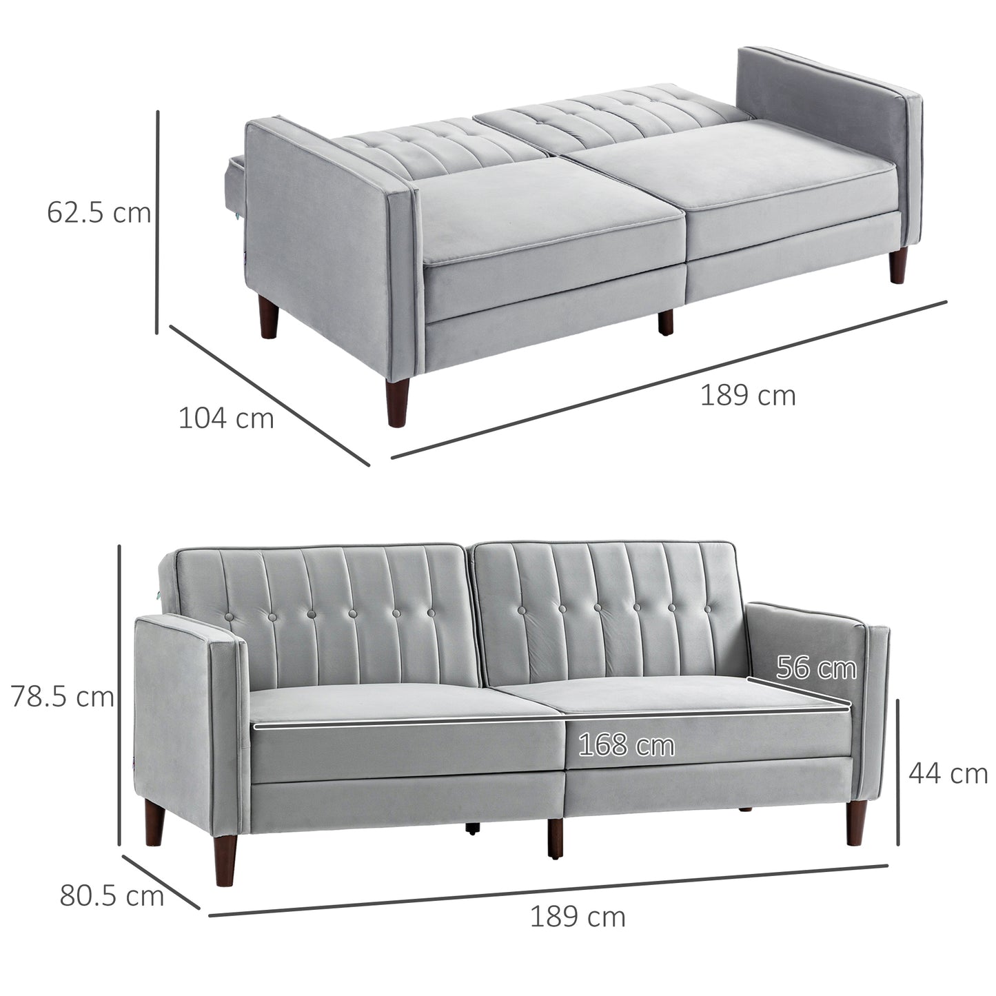 Sasari Velvet Light Grey Convertible Futon Sofa Bed With Tufted Seat And Split Back
