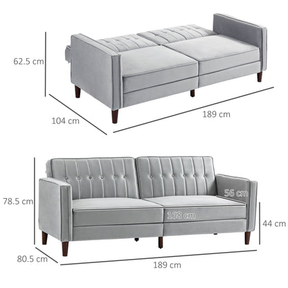 Sasari Velvet Light Grey Convertible Futon Sofa Bed With Tufted Seat And Split Back