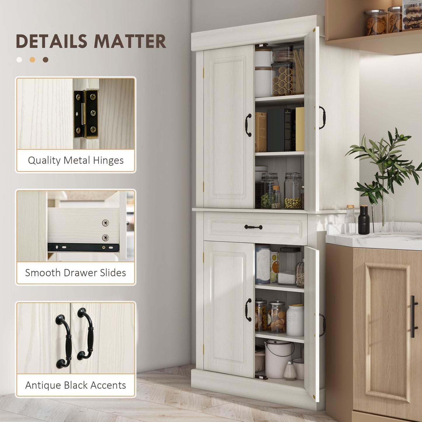 Tokeri Wooden Cream White Tall Kitchen Pantry Cabinet 4 Doors And Storage Shelves