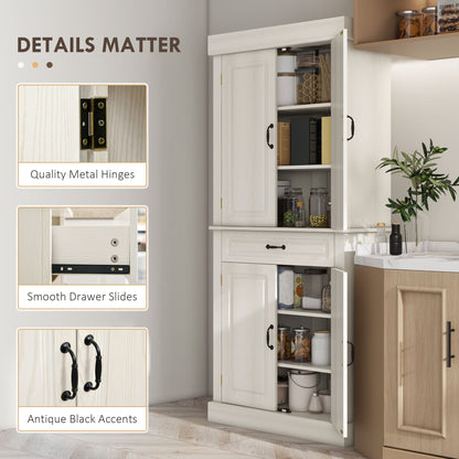 Tokeri Wooden Cream White Tall Kitchen Pantry Cabinet 4 Doors And Storage Shelves