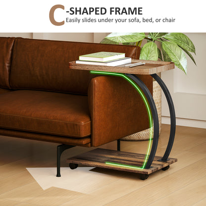Netari Brown Wood and Black Metal 2 Tier Mobile C Shaped Side Table
