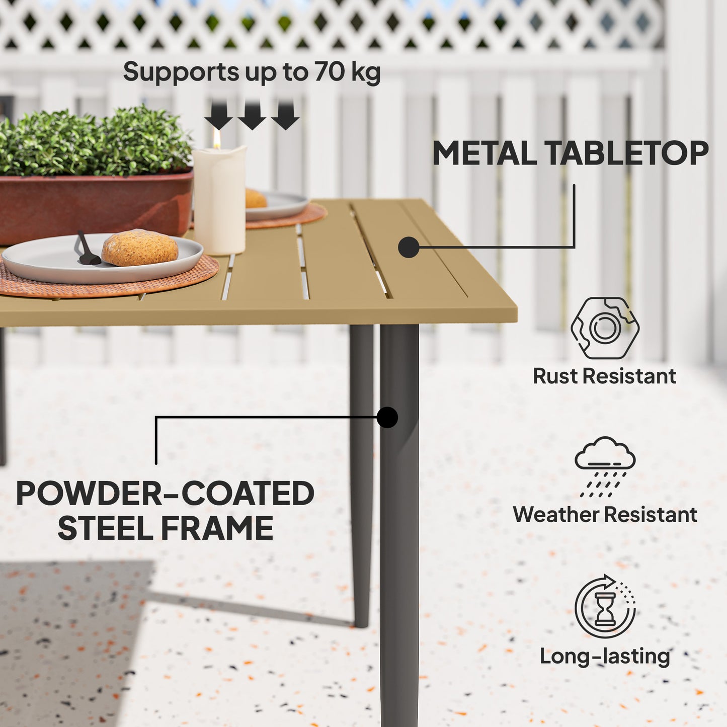 Safafa 150cm Metal Brown Rectangular Garden Dining Table With Slatted Top And Parasol Hole