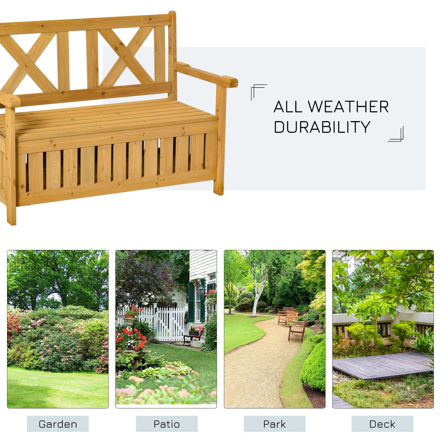 Letore Wood Natural 2 Seater Outdoor Garden Storage Bench Slatted Frame