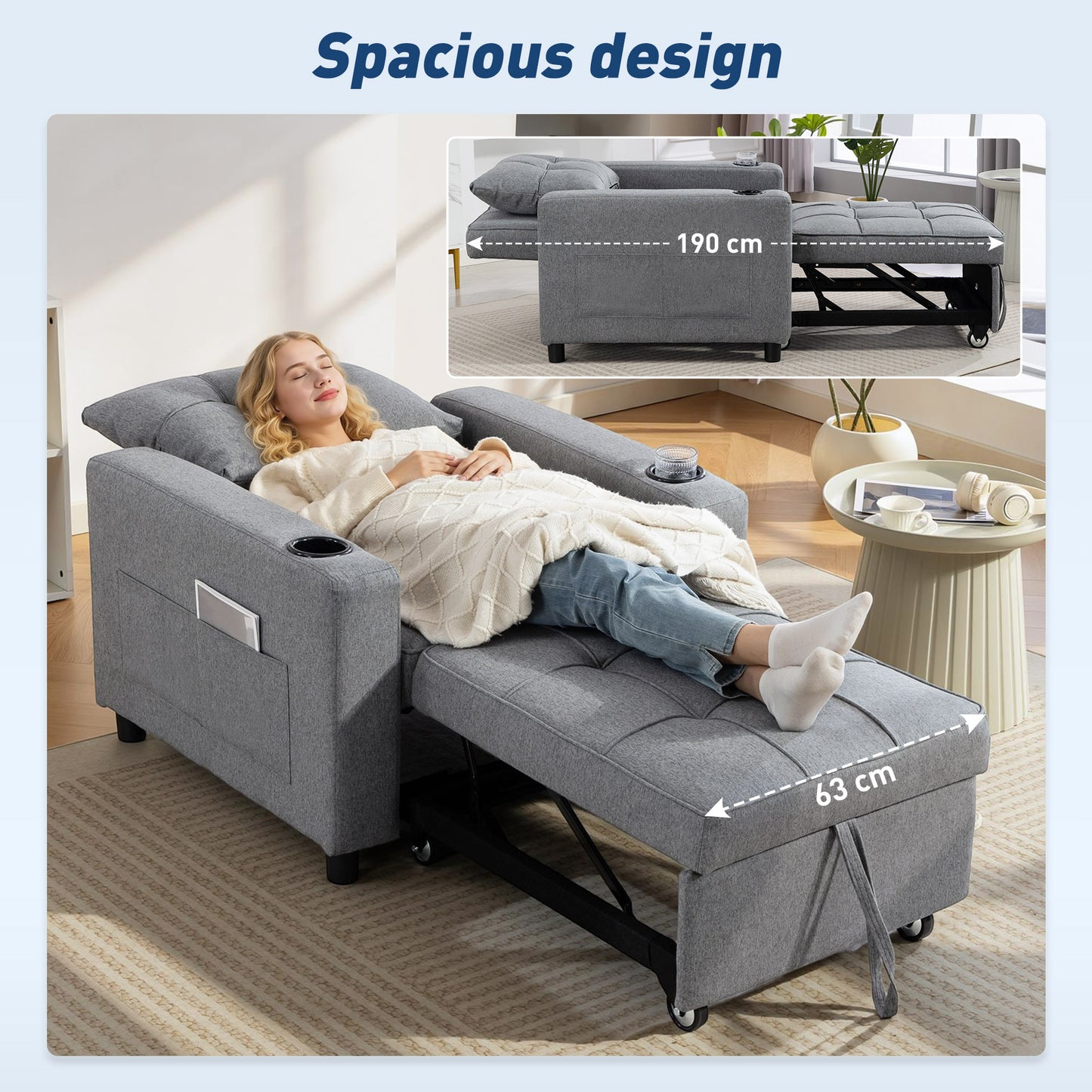 Soliri Grey Upholstered 3 In One Convertible Single Sofa Bed Tufted Cushion