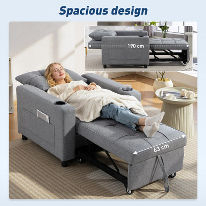 Soliri Grey Upholstered 3 In One Convertible Single Sofa Bed Tufted Cushion