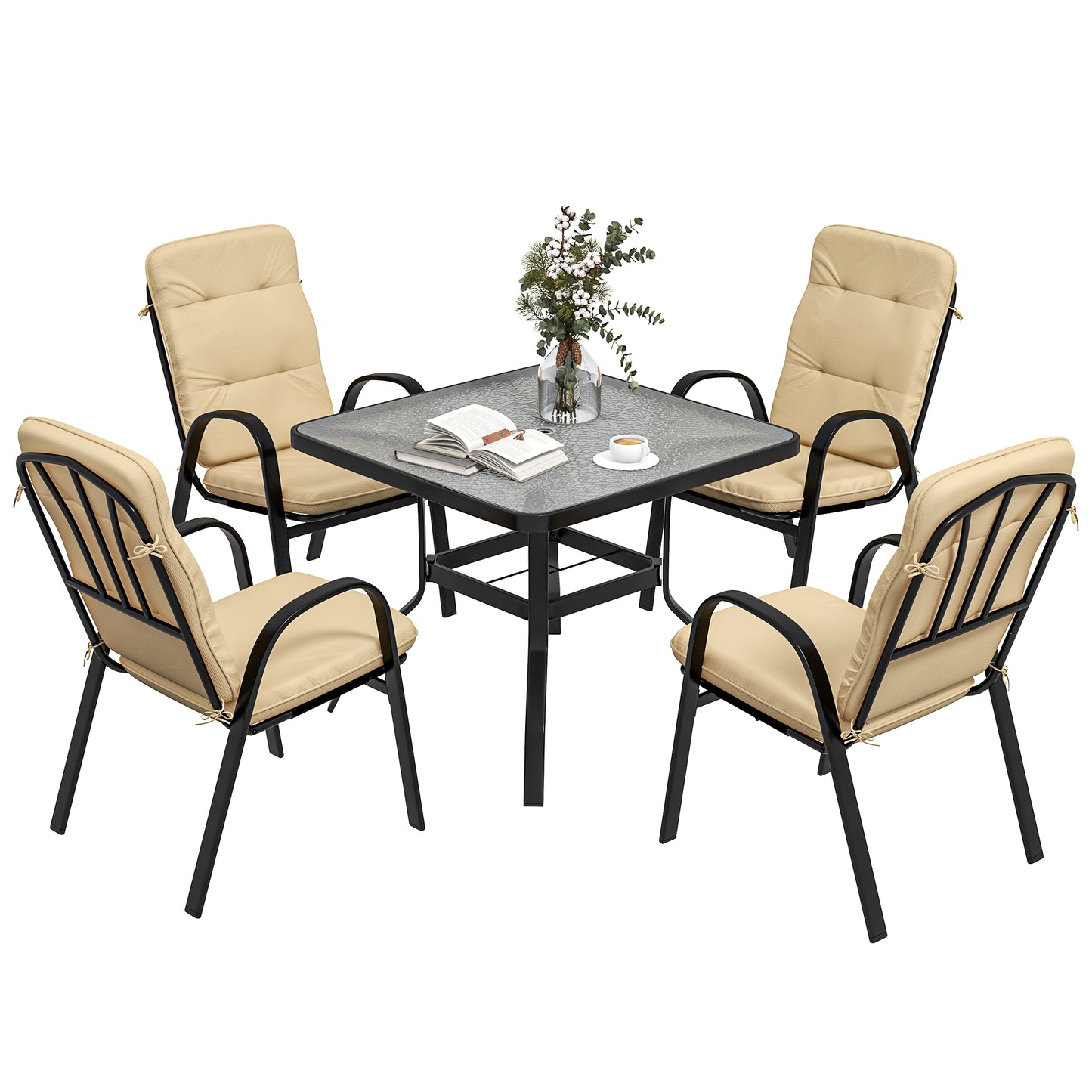 Sukeco Luve 4 Seater Cream Outdoor Square Garden Dining Set with Tempered Glass with Umbrella Hole