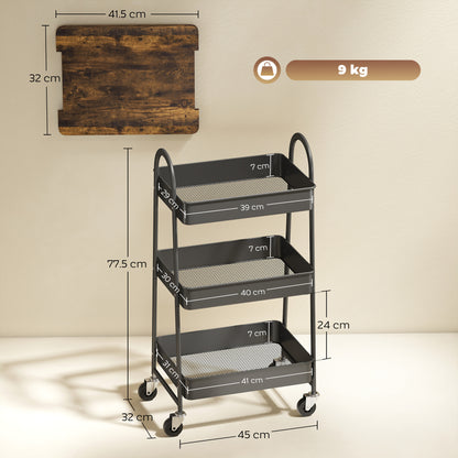 Rottola Wooden Rustic Brown And Black 3 Tier Kitchen Trolley With Covered Top