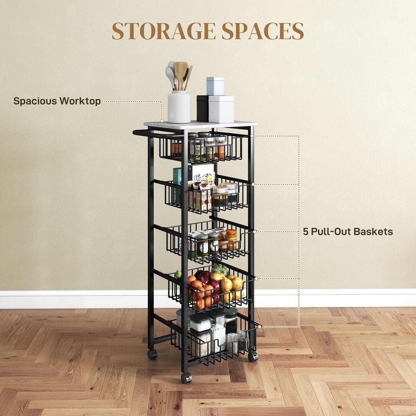 Sucora Metal Grey And Black 5 Basket Mobile Kitchen Trolley With Locking Wheels