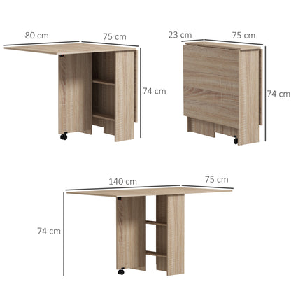 Vasufa Wooden Natural Ex10dable Drop Leaf Dining Table Seating 4 To 6 With Shelves And Wheels