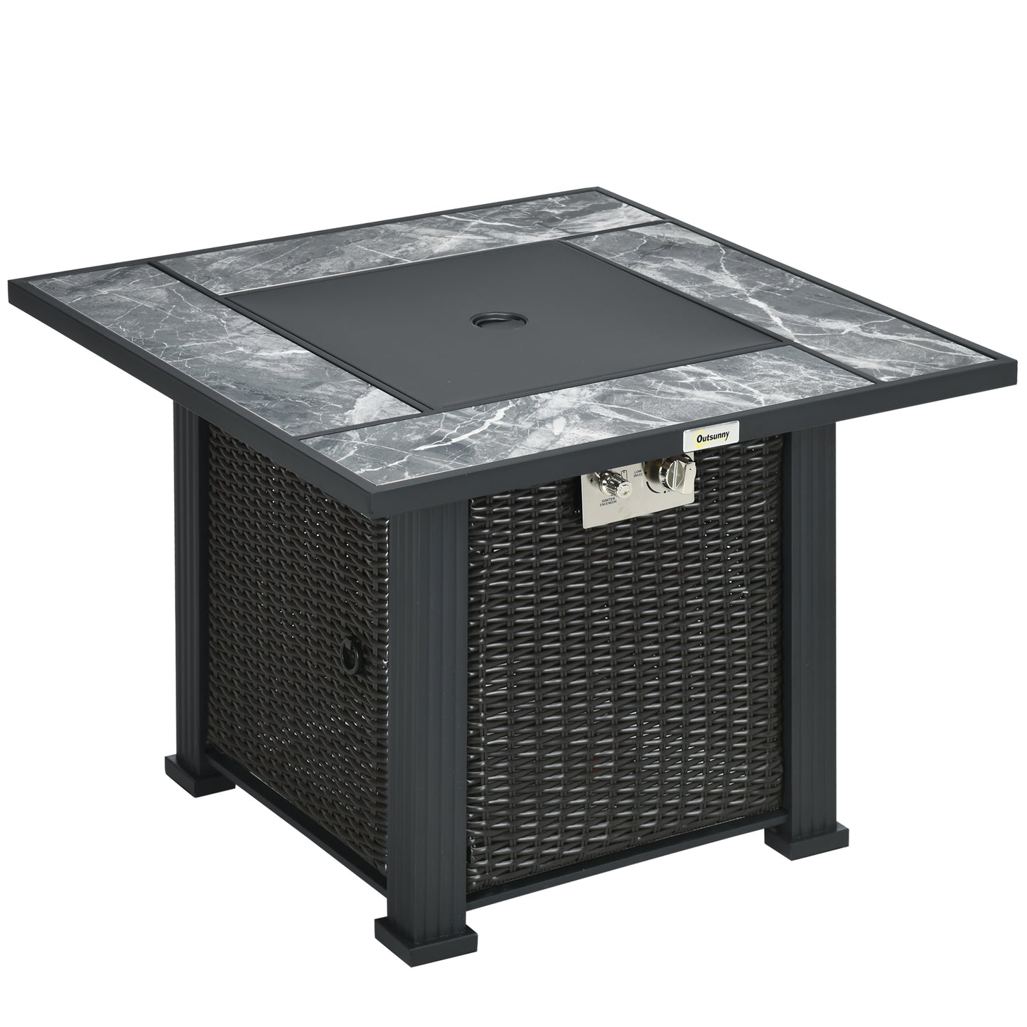 Halu Rattan Black Square Gas Fire Pit Table With Marble Effect Top Glass