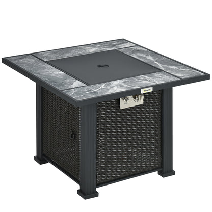 Halu Rattan Black Square Gas Fire Pit Table With Marble Effect Top Glass