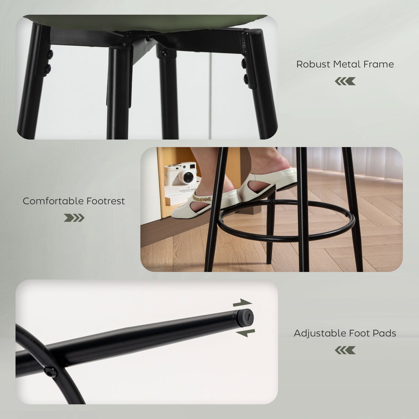 Rivali Faux Leather Green And Black Bar Stools Set Of 2 With Footrests