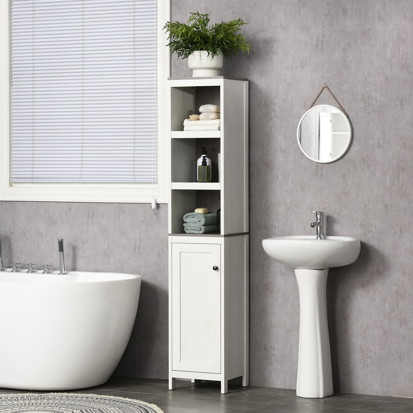 Sala Lata Tall Freestanding Bathroom Storage Cabinet With OFauxn Shelves And Adjustable Interior Antique White