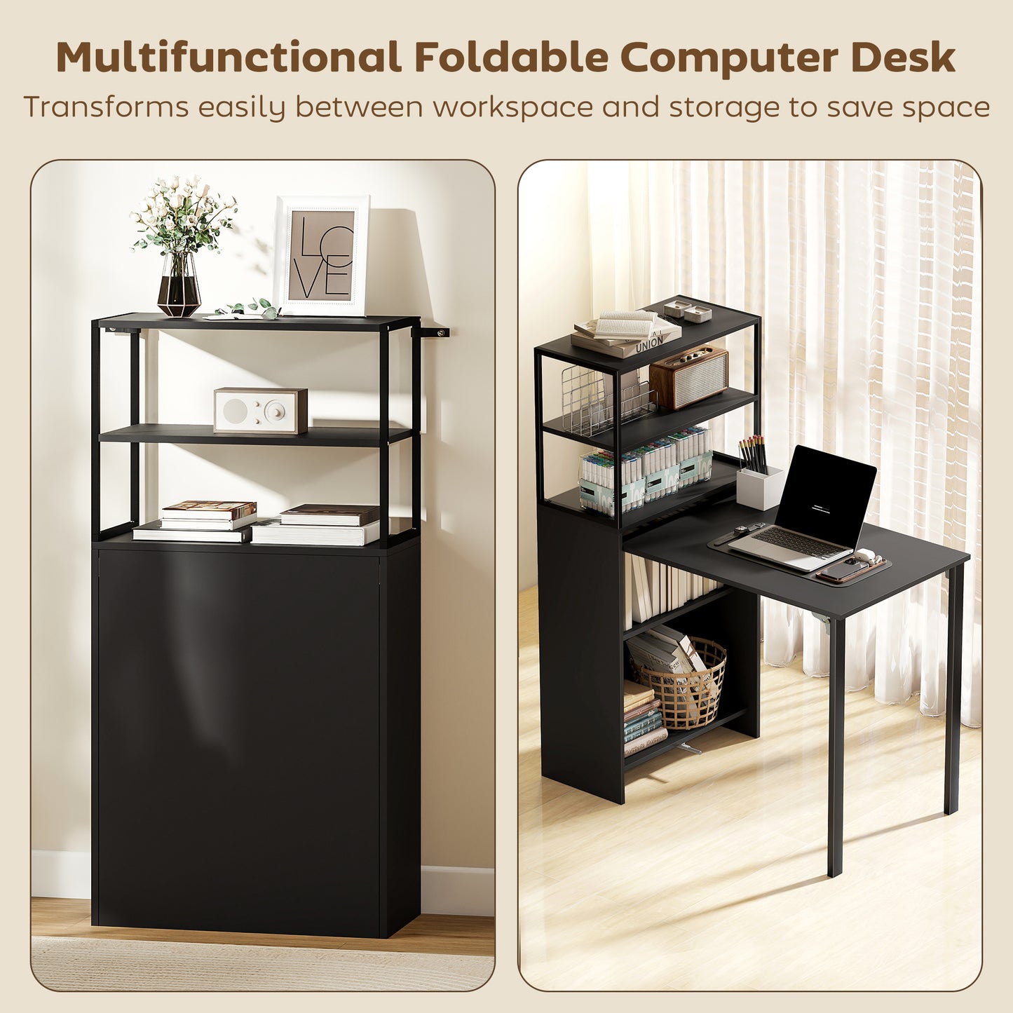Serana 105cm Wooden Black Folding Work Table With Integrated Shelving