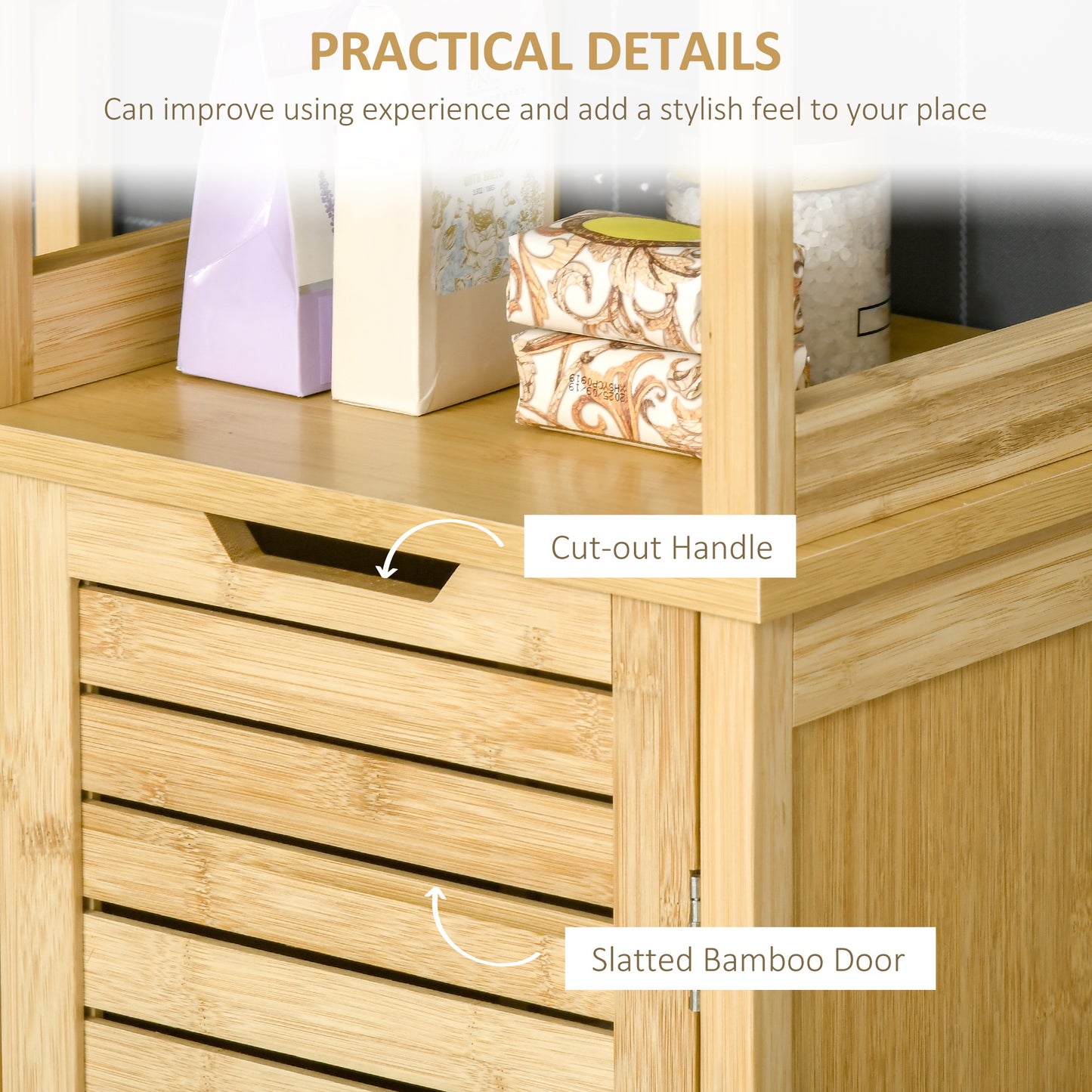 Rolema Tall Slim Bamboo Bathroom Storage Cabinet With 3 Tier Shelving Natural Finish