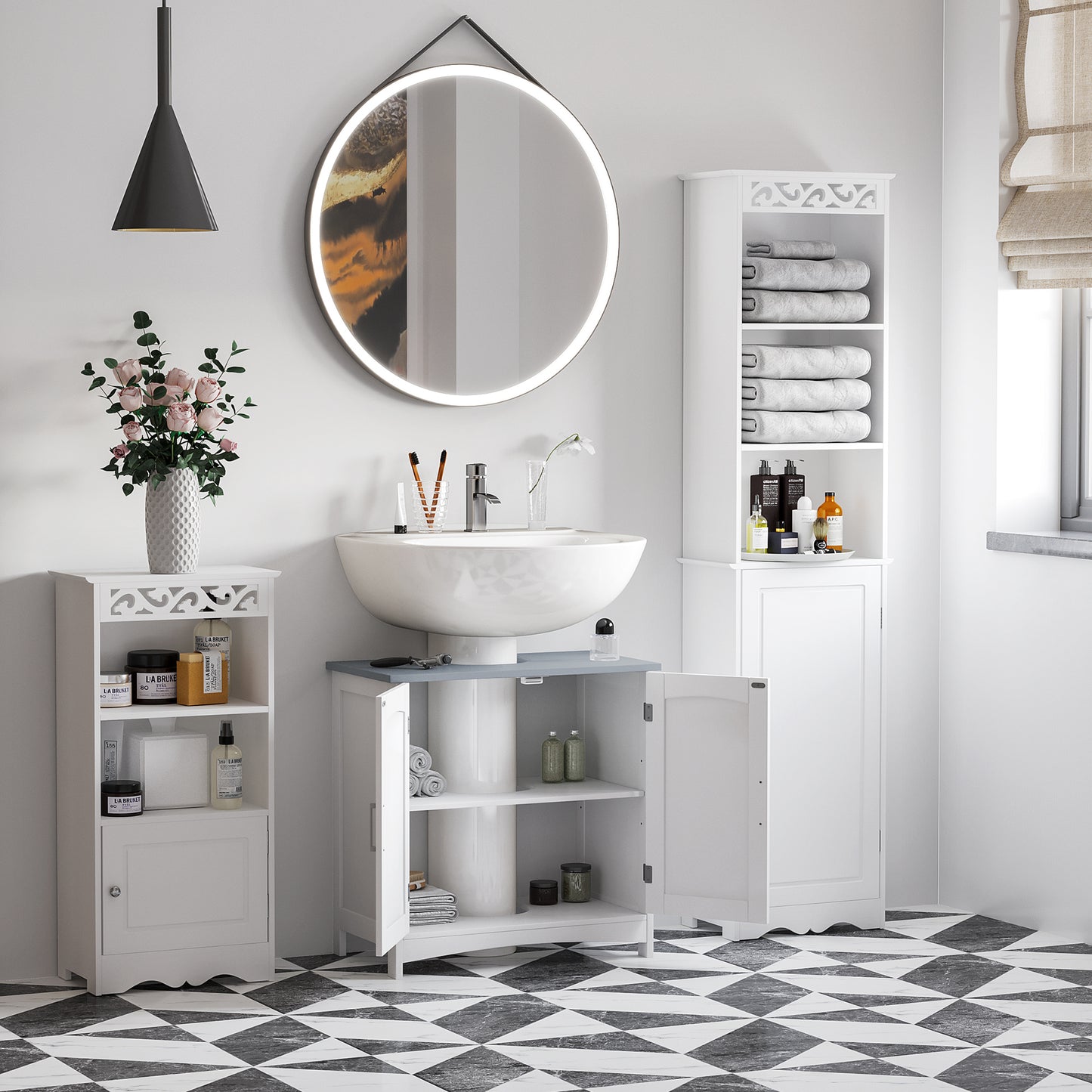 Nebama White and Grey Pedestal Sink Vanity Cupboard With Adjustable Shelving