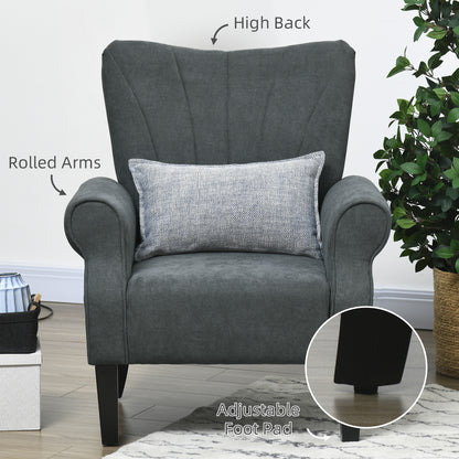 Suri Mid Century Dark Grey Accent Armchair With Rolled Arms And Wooden Legs