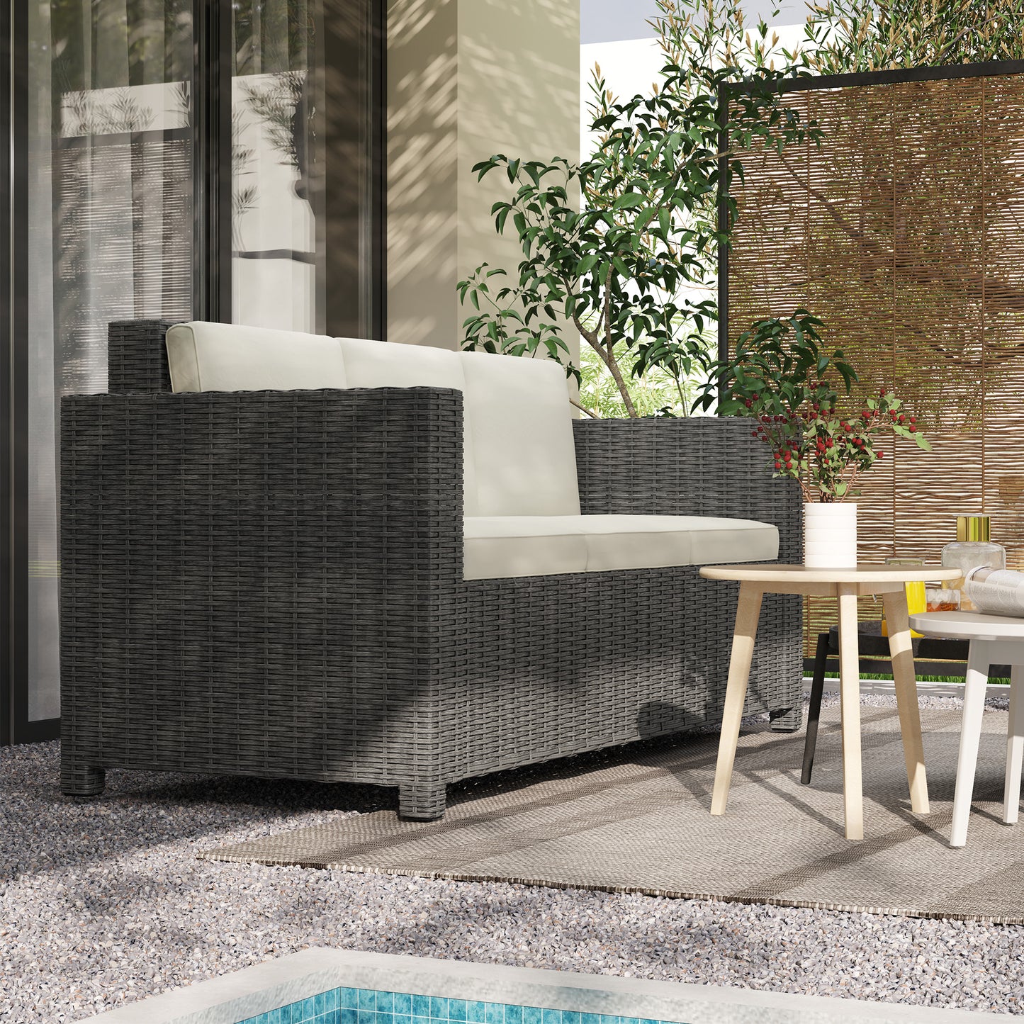Necolo Rattan Cream 3 Seater Outdoor Sofa with Cream Cushions