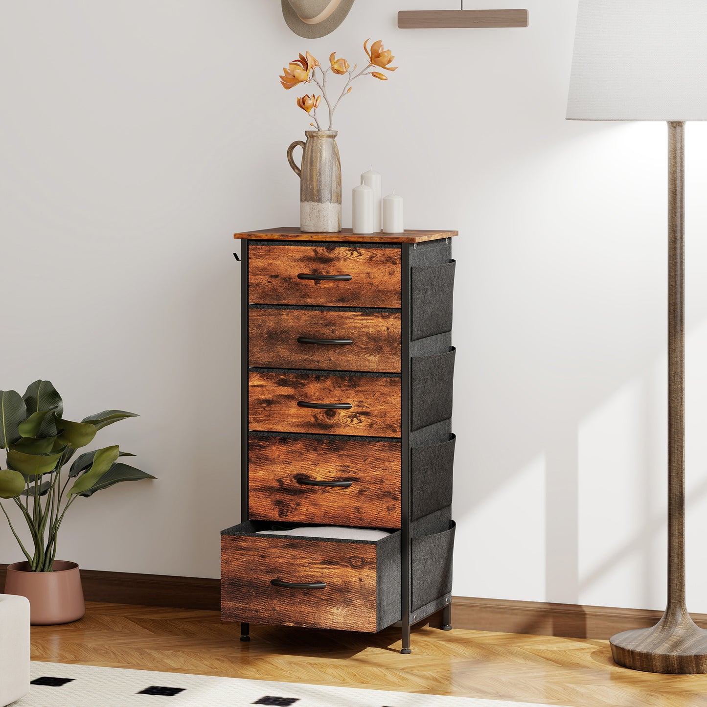 Kepa Fabric And Metal Rustic Brown 5 Drawer Storage Chest