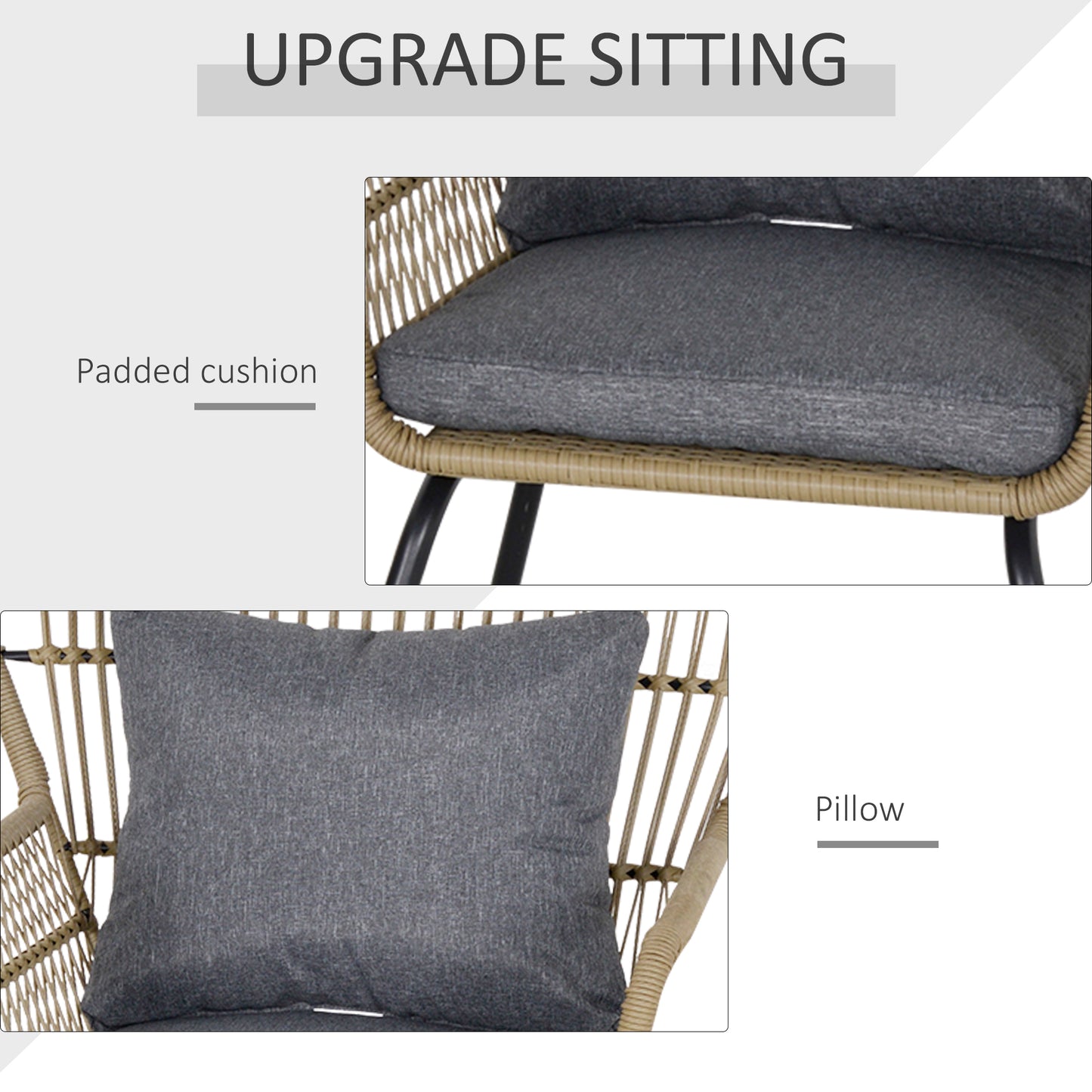Luluse Natural Brown Rattan 3 Piece Outdoor Garden Bistro Set With Grey Cushions And Glass Coffee Table