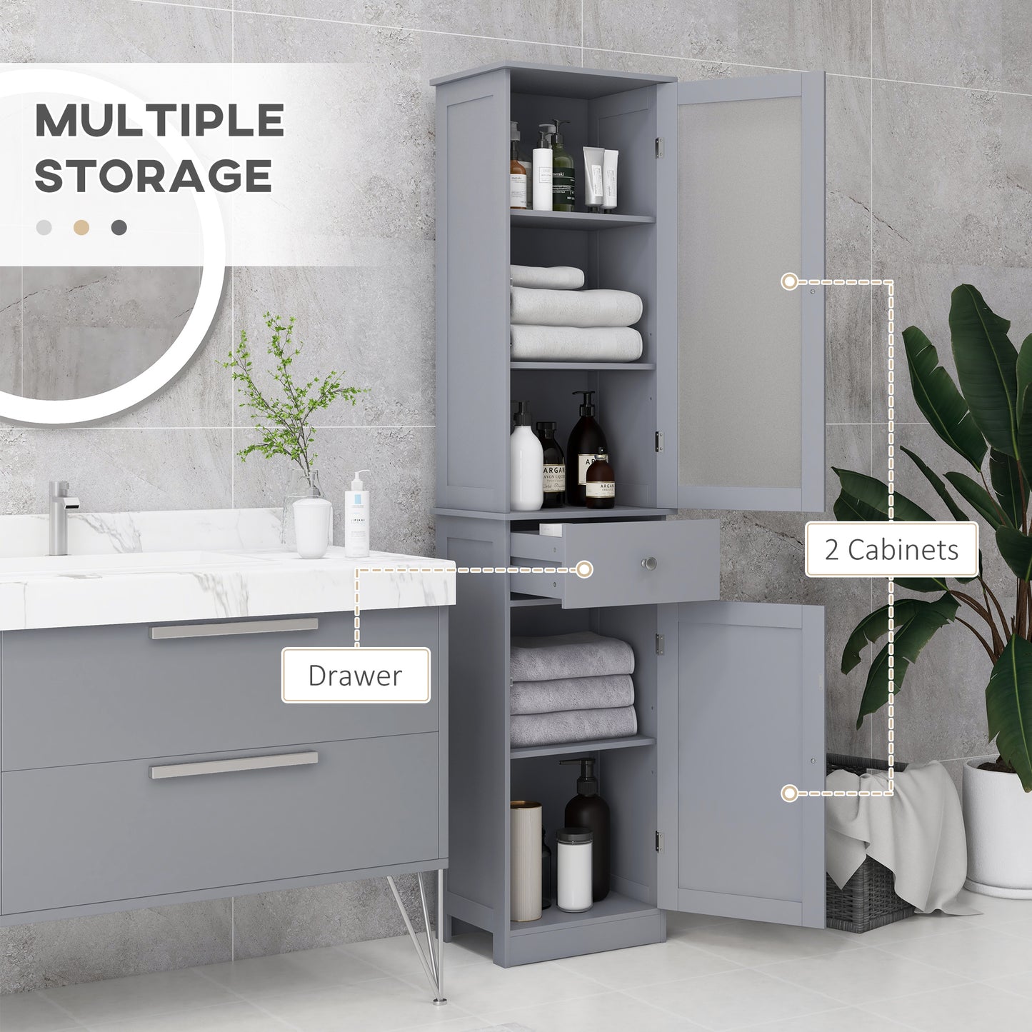 Zira Tall Slim Grey Bathroom Storage Cabinet With Shelves Drawer And Door