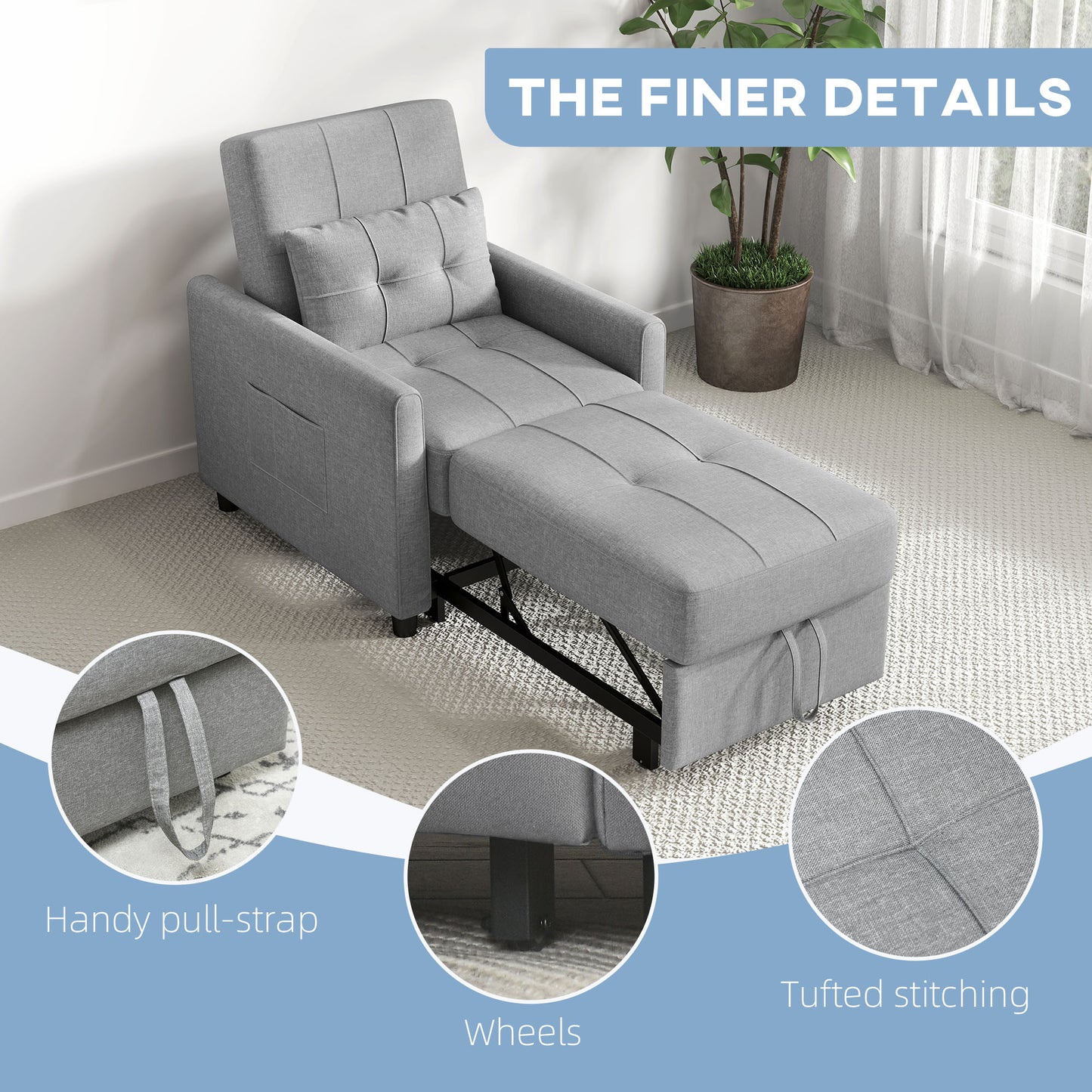 Vayopa Linen Look Light Grey Single Sleeper Chair