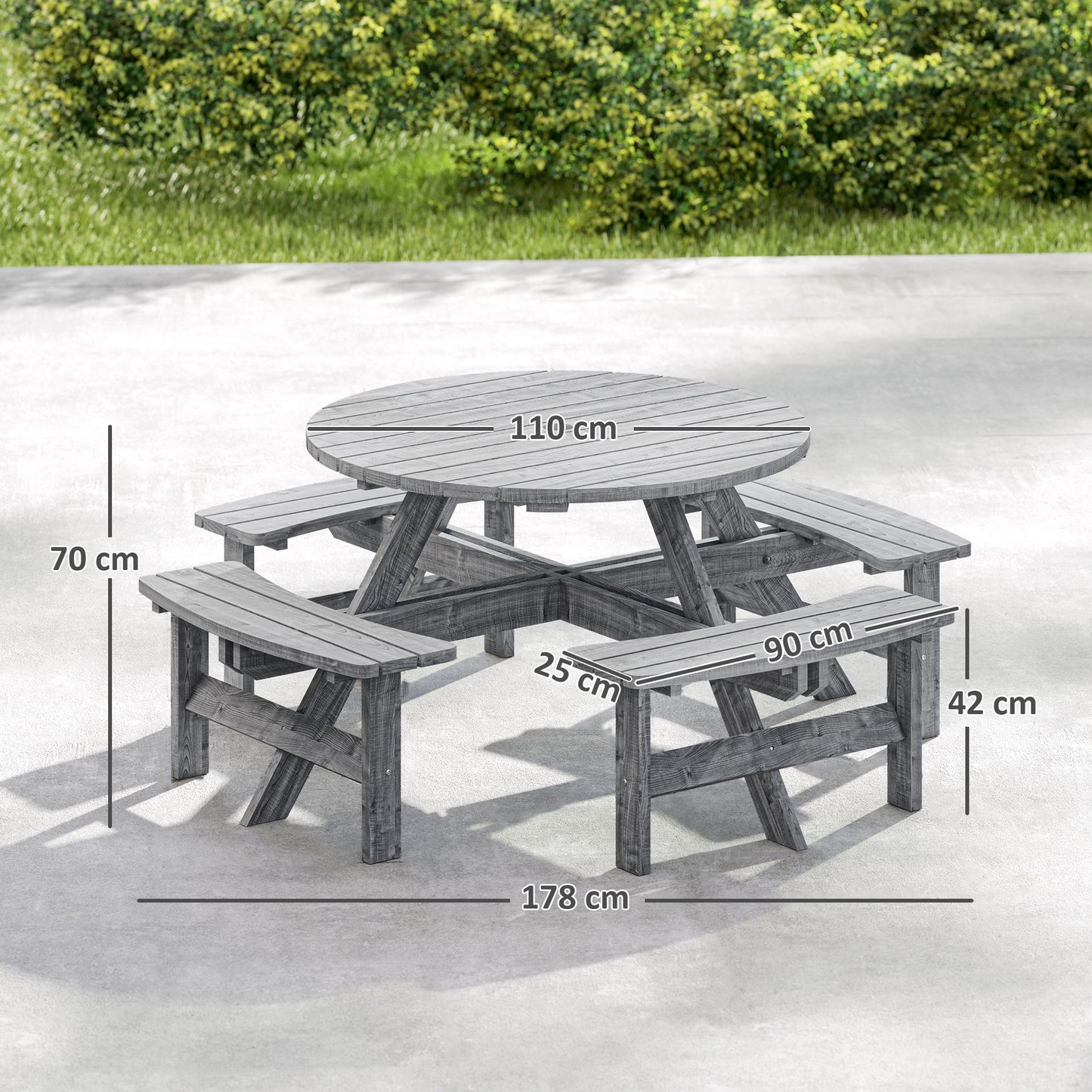 Neel 8 Seater Grey Wood Round Garden Picnic Set Table and Benches