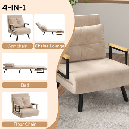 Elvael Velvet Beige 4 In One Convertible Single Chair Bed With Cushion