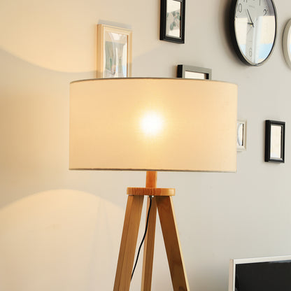 Laravi Natural Wood And Fabric Cream Tripod Floor Lamp With Shelf And Linen Shade 154 cm