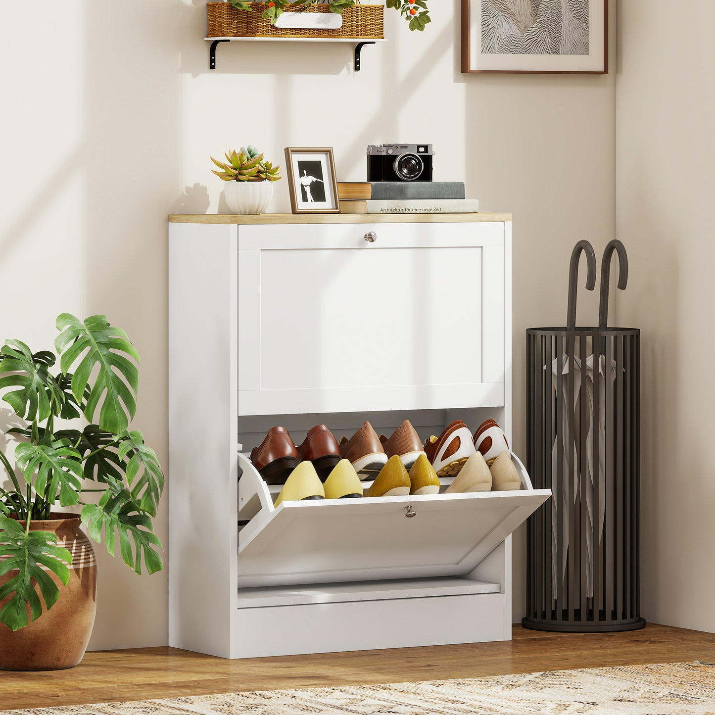 Lori Wooden White Natural Top Shoe Cabinet With 2 Flip Drawers
